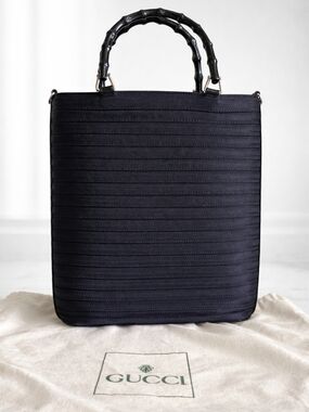 Vintage Gucci Black Structured Quilted Tote w/ Bamboo Handles, Patenr Leather